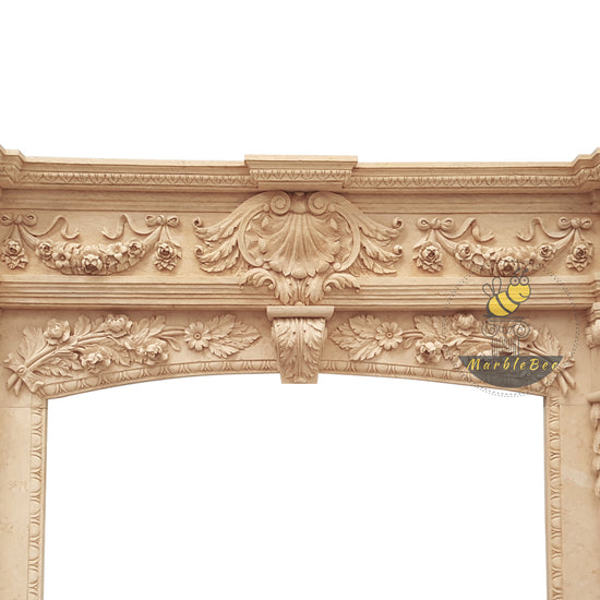 Ornate Egyptian Beige Marble Fireplace Mantel With Intricate leaves