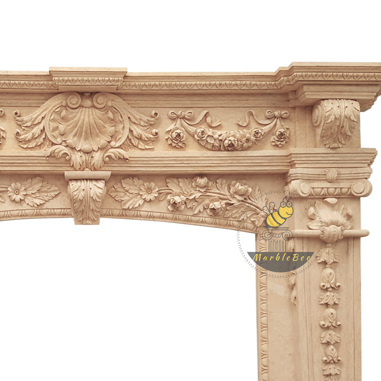 Ornate Egyptian Beige Marble Fireplace Mantel With Intricate leaves