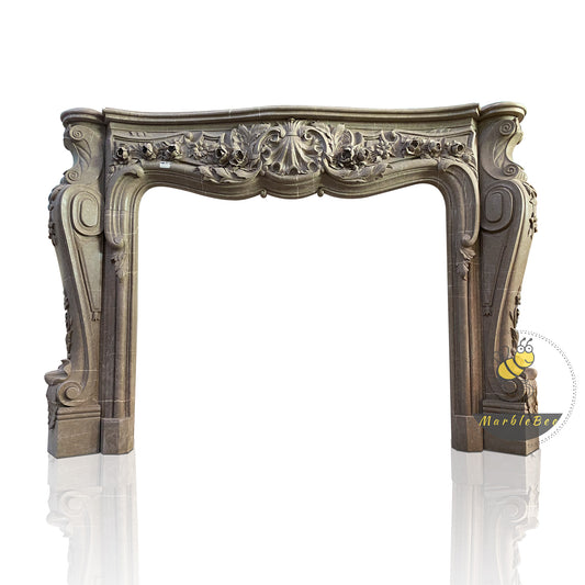 Gray Fireplace Mantel with Fluted Legs and Header Carvings