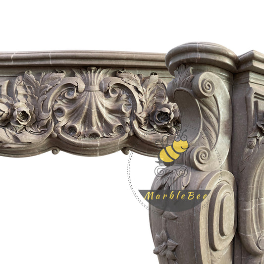 Gray Fireplace Mantel with Fluted Legs and Header Carvings