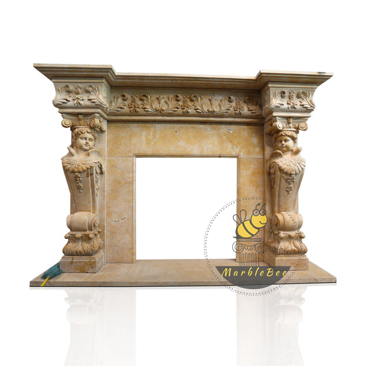 Light Brown Marble Mantel – Scroll Carvings and Customizable Opening