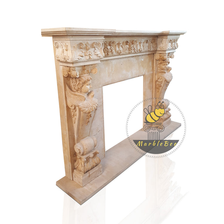 Light Brown Marble Mantel – Scroll Carvings and Customizable Opening