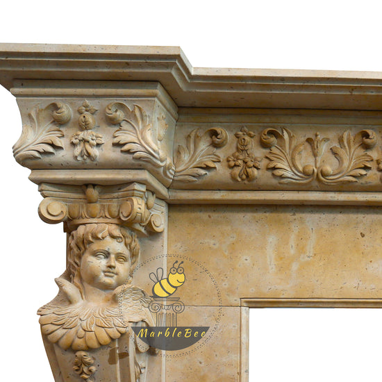 Light Brown Marble Mantel – Scroll Carvings and Customizable Opening