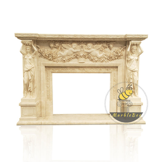 Beige Fireplace Surround with Angel Carvings and Statues on Pedestals