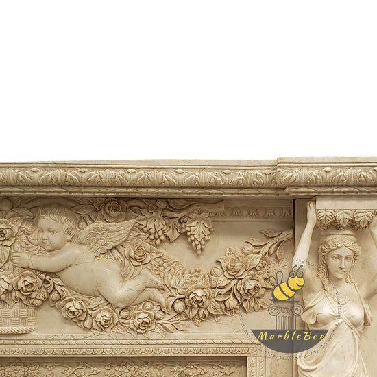 Beige Fireplace Surround with Angel Carvings and Statues on Pedestals