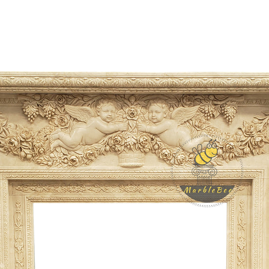 Beige Fireplace Surround with Angel Carvings and Statues on Pedestals