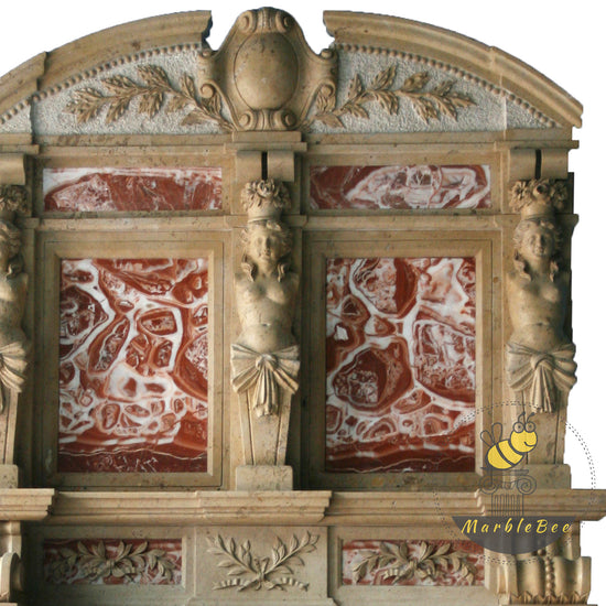 Elegant Travertine Fireplace – Lion Carvings and Red Marble Elements