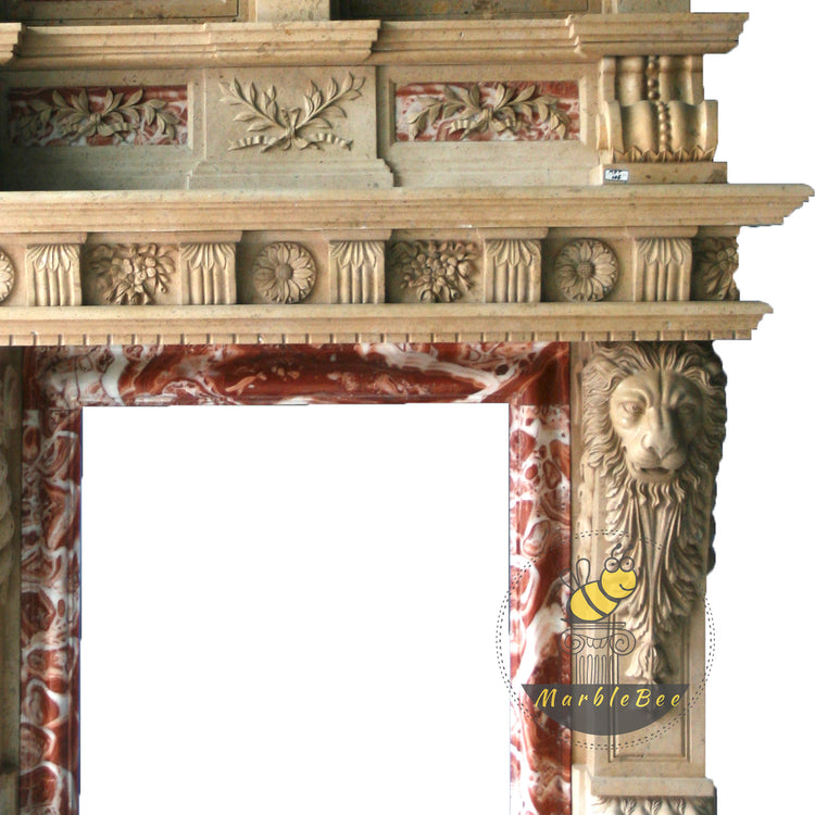 Elegant Travertine Fireplace – Lion Carvings and Red Marble Elements