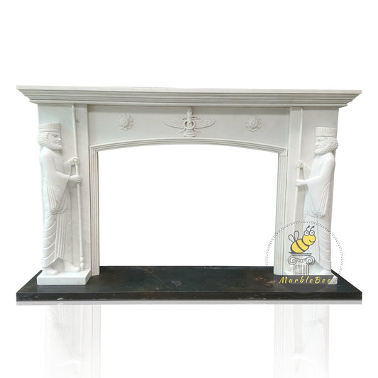 Religious Fireplace Mantel with Pharaoh Carvings and Balanced Marble Header