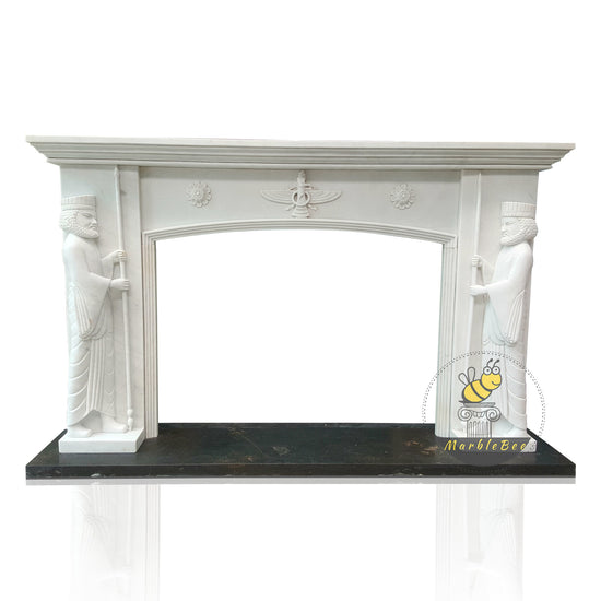 Religious Fireplace Mantel with Pharaoh Carvings and Balanced Marble Header