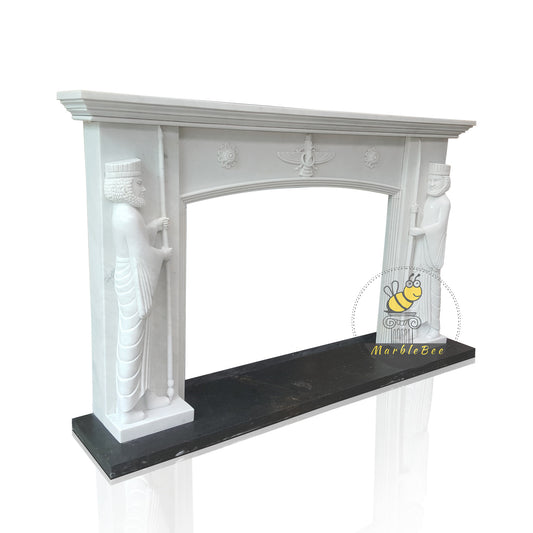 Religious Fireplace Mantel with Pharaoh Carvings and Balanced Marble Header