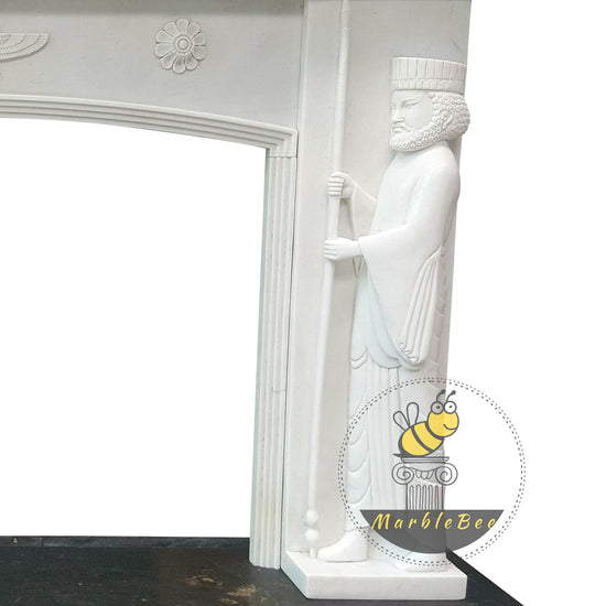 Religious Fireplace Mantel with Pharaoh Carvings and Balanced Marble Header