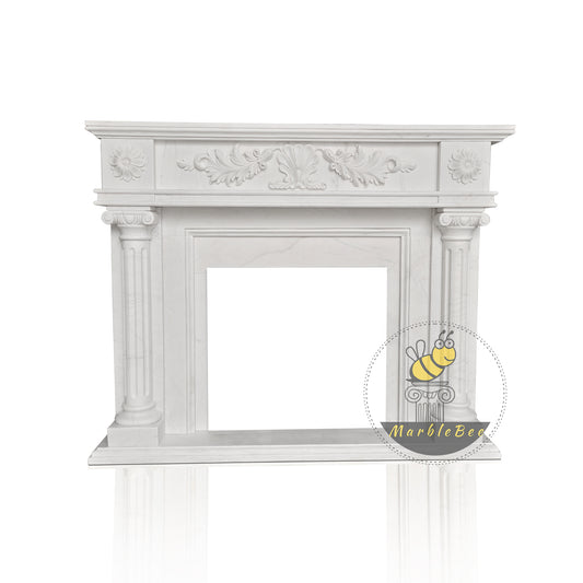 5-star hotel White Marble Historic Mantel with Floral Carving & Column Details 