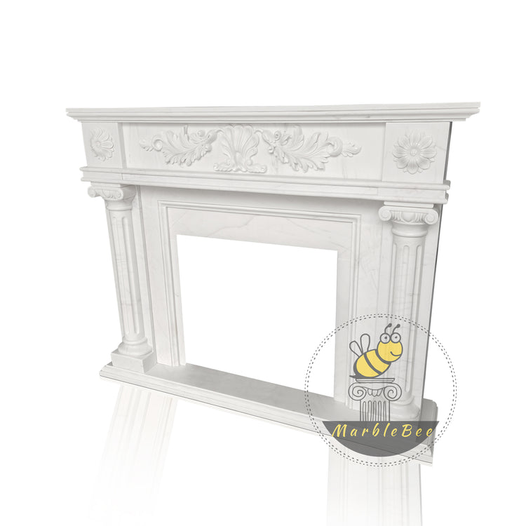 5-star hotel White Marble Historic Mantel with Floral Carving & Column Details 