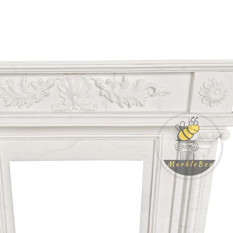 5-star hotel White Marble Historic Mantel with Floral Carving & Column Details 