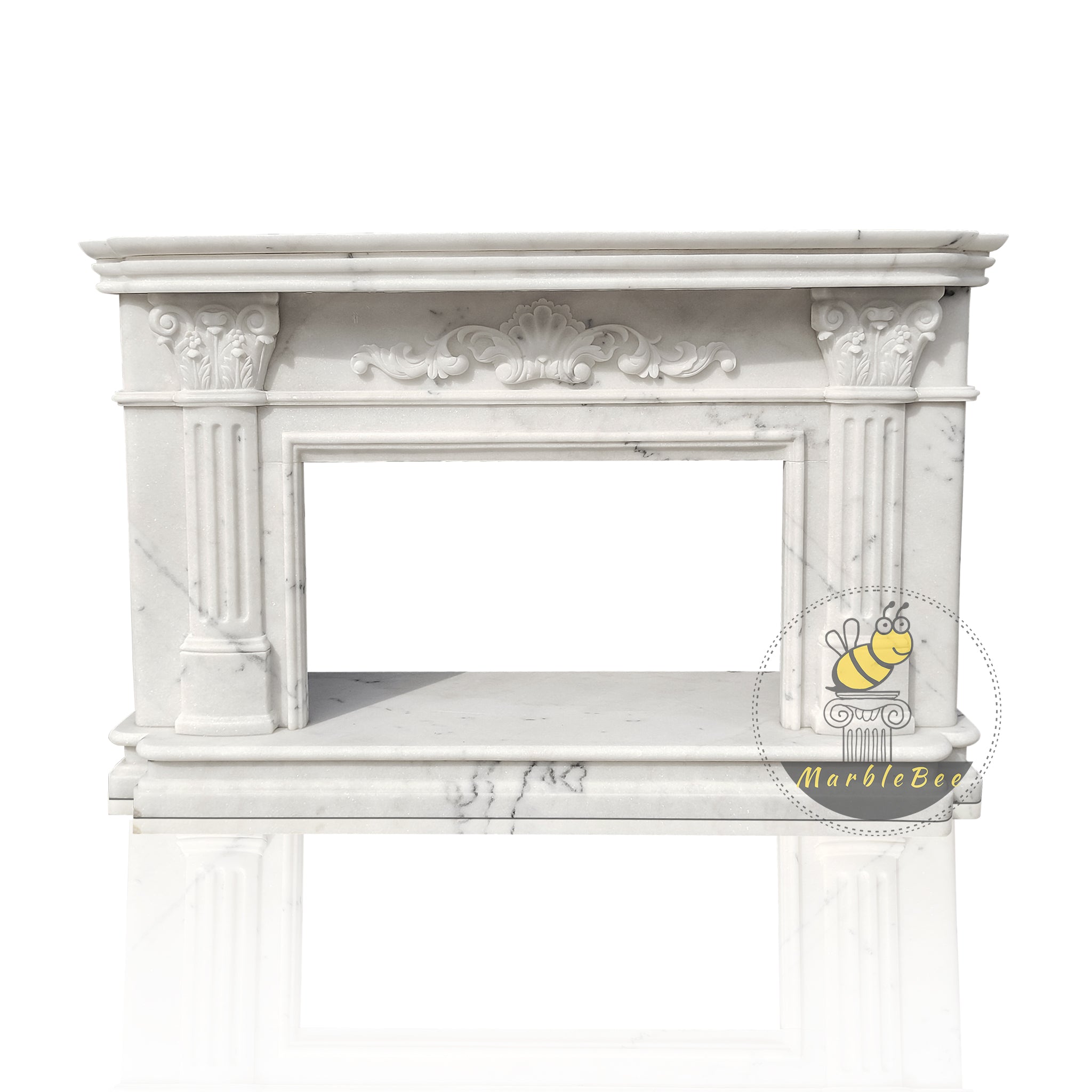 Hand Carved Antique White Marble Fireplace Surround with Roman Capital