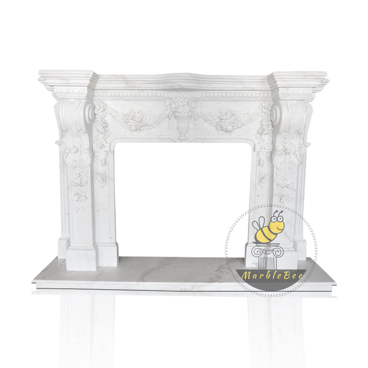 Floral Carving Design with Antique Header and Hearth, Perfect for Living Room Decor