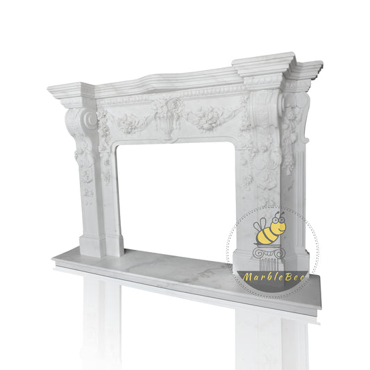 Floral Carving Design with Antique Header and Hearth, Perfect for Living Room Decor