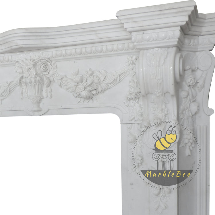 Floral Carving Design with Antique Header and Hearth, Perfect for Living Room Decor