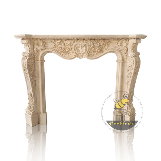 Marble fireplace mantel French Style with Shell Carving at Center of Header, On Sale Now