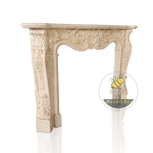 Marble fireplace mantel French Style with Shell Carving at Center of Header, On Sale Now