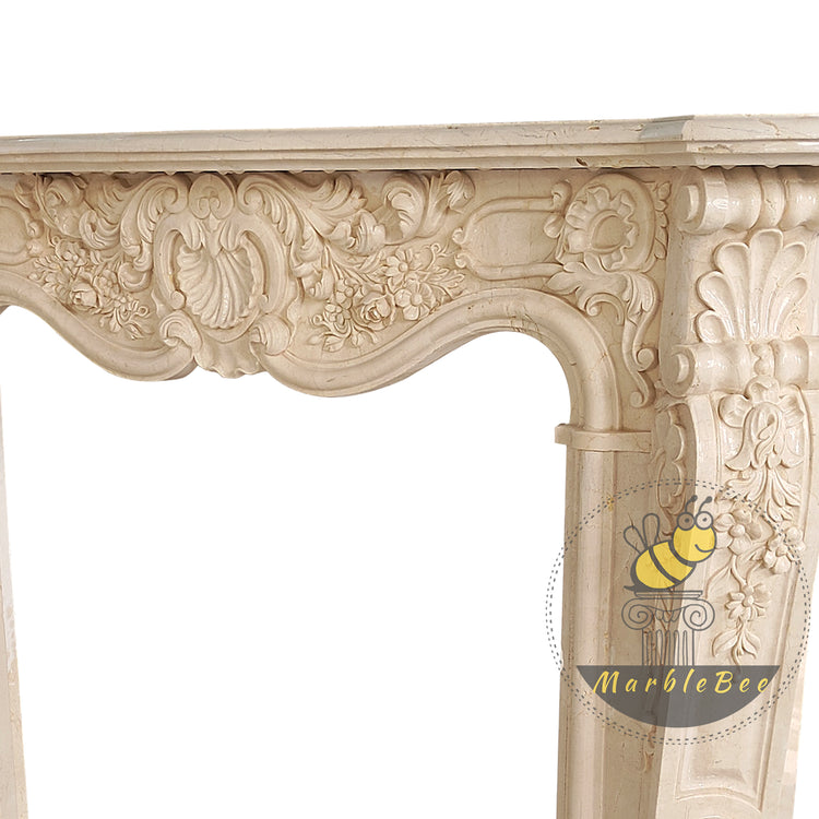 Marble fireplace mantel French Style with Shell Carving at Center of Header, On Sale Now