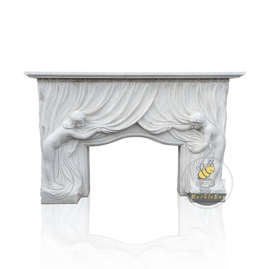 White Marble Fireplace Unique Hand Carved  with Two Female Figures Lifting Curtain