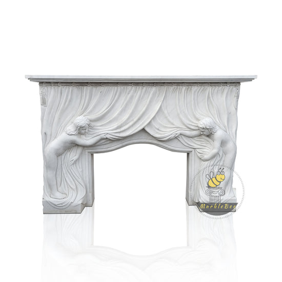 White Marble Fireplace Unique Hand Carved  with Two Female Figures Lifting Curtain