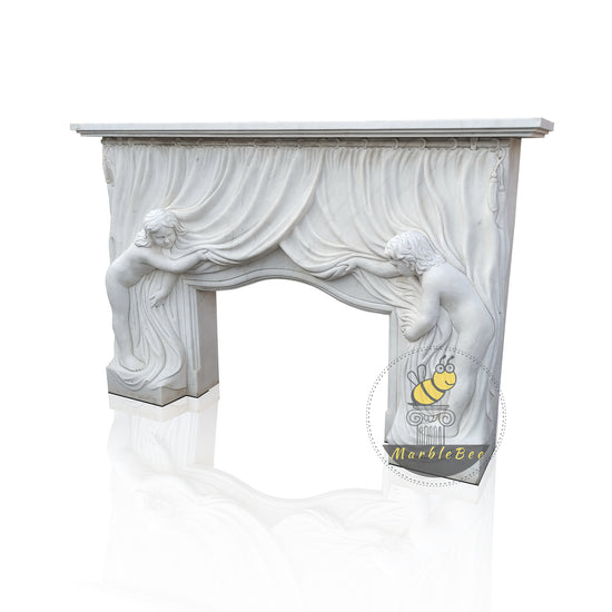 White Marble Fireplace Unique Hand Carved  with Two Female Figures Lifting Curtain