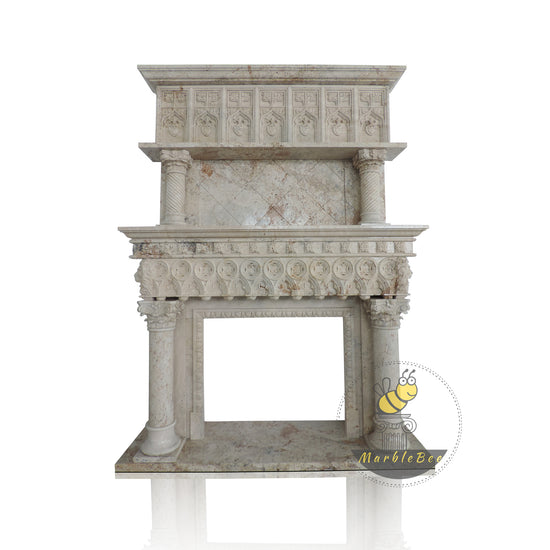 10 ft High Beige Travertine Fireplace Overmantel with Column Decor