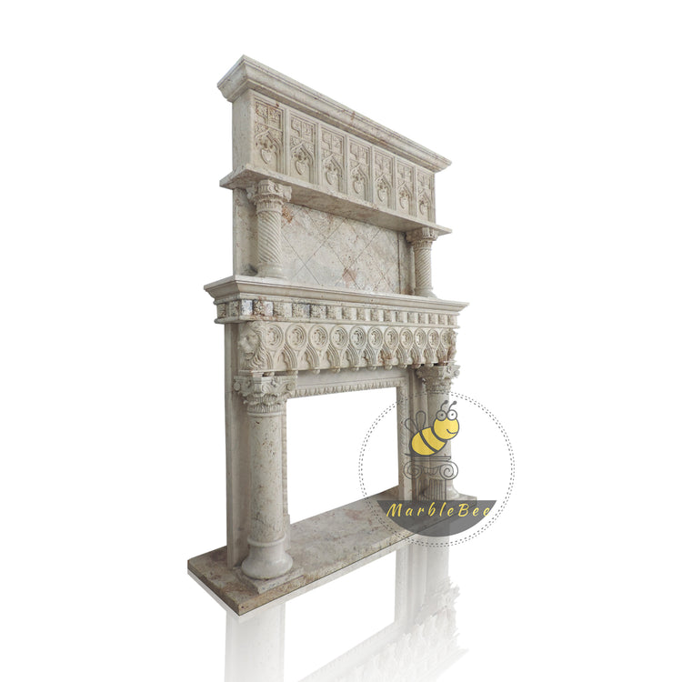 10 ft High Beige Travertine Fireplace Overmantel with Column Decor