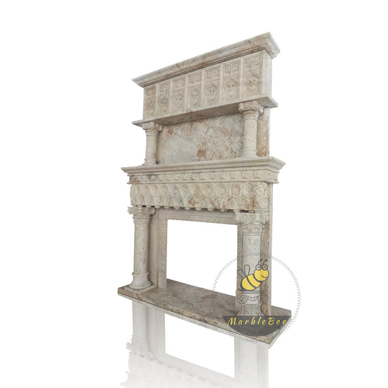 10 ft High Beige Travertine Fireplace Overmantel with Column Decor