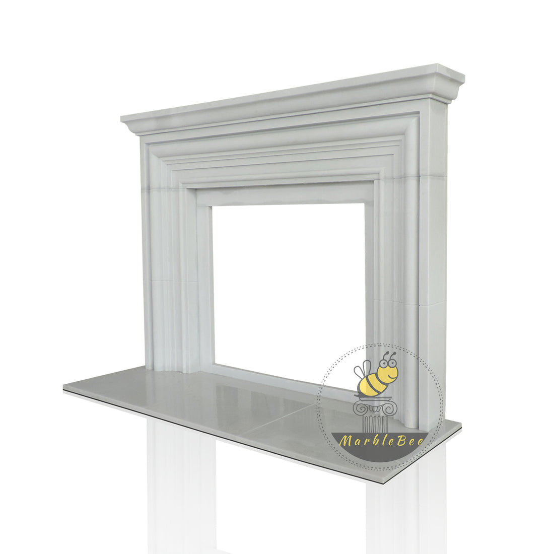 White Marble Fireplace Surround Simple Curved with Custom Firebox Open