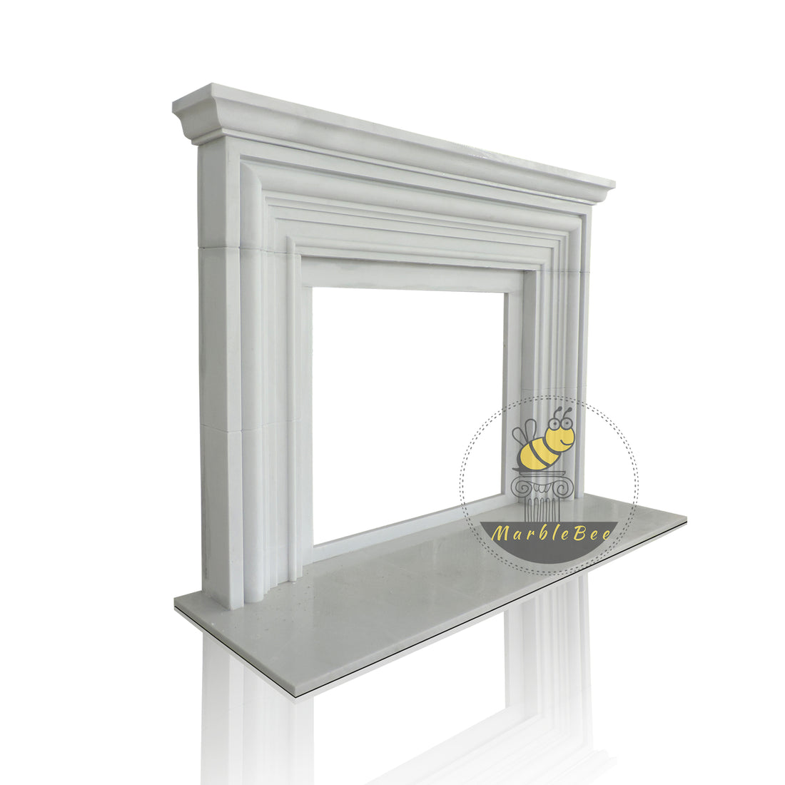 White Marble Fireplace Surround Simple Curved with Custom Firebox Open