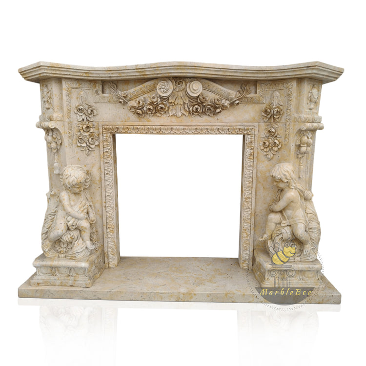 Classical Light Brown Limestone Fireplace