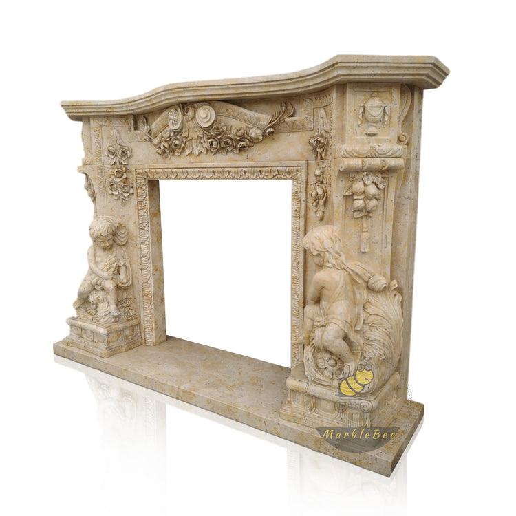 Classical Light Brown Limestone Fireplace