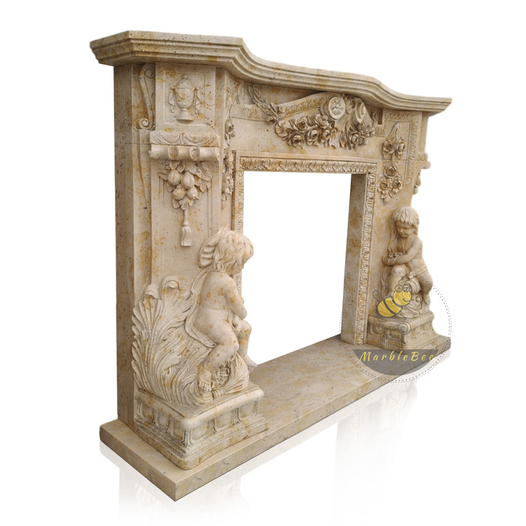 Classical Light Brown Limestone Fireplace