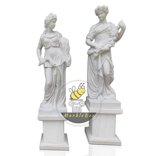 Hand Carved Outdoor White Marble Pedestal Four Seasons Goddess Statues for Garden Decor