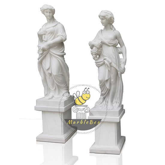 Hand Carved Outdoor White Marble Pedestal Four Seasons Goddess Statues for Garden Decor