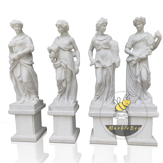 Hand Carved Outdoor White Marble Pedestal Four Seasons Goddess Statues for Garden Decor