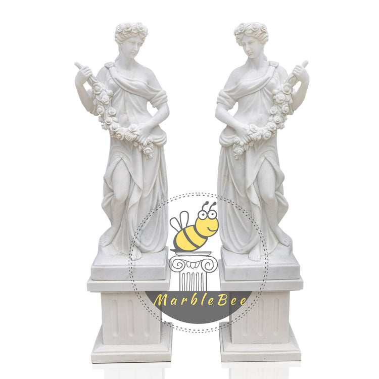 Italian Marble Woman Statue holding flowers for garden decor