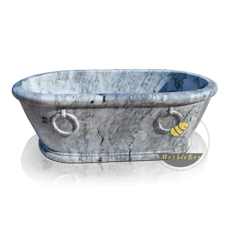 Traditional rolled edge marble oval bathtub with two rings