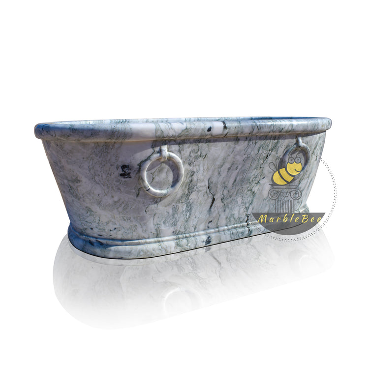 Traditional rolled edge marble oval bathtub with two rings