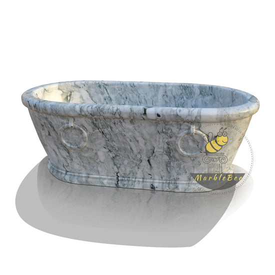 Traditional rolled edge marble oval bathtub with two rings