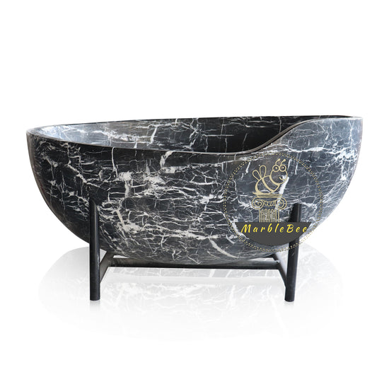 Large Black Soaking stone tub with white veins for sale