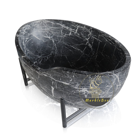 Large Black Soaking stone tub with white veins for sale