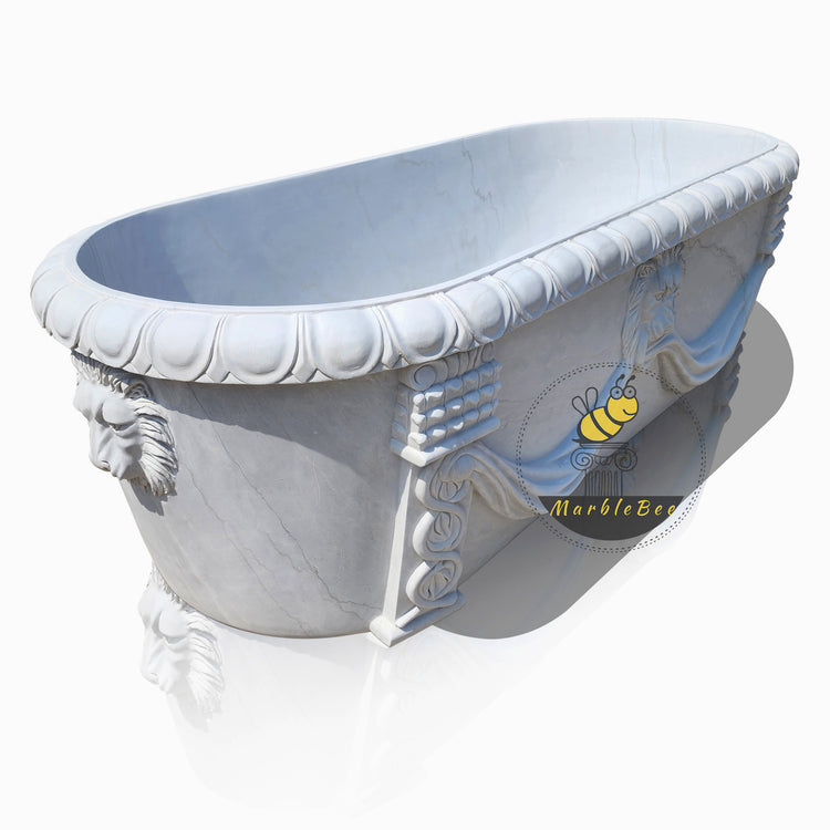 White Marble Bathtub – Hand-Carved with Lion Head, Antique Style