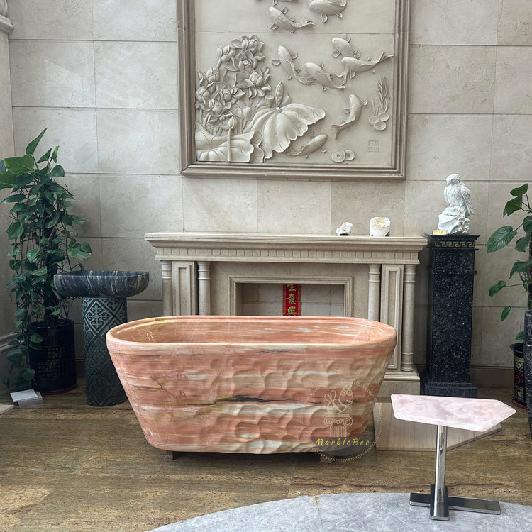 Hand-Carved Red Vein Marble Bathtub