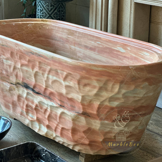 Hand-Carved Red Vein Marble Bathtub