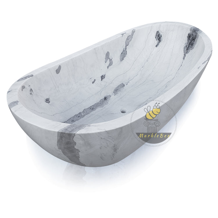 Marblebee Solid Stone Tub – Hand-Carved from White Marble, In Stock